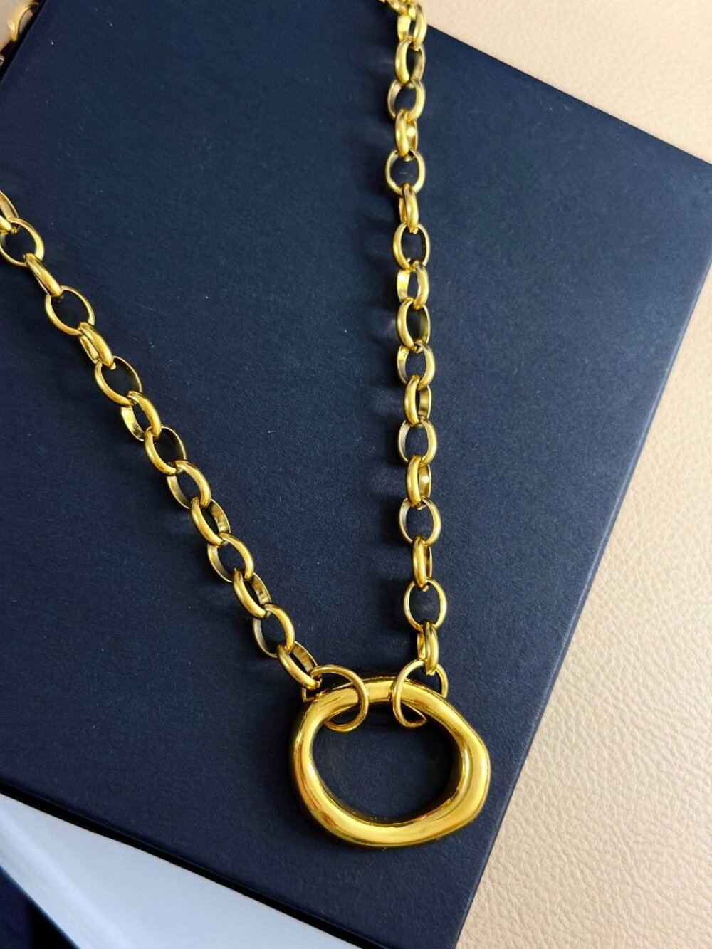 MAYAMAR - Gold Rolo Chain Necklace Asymmetrical Circle Ring Pendant Statement